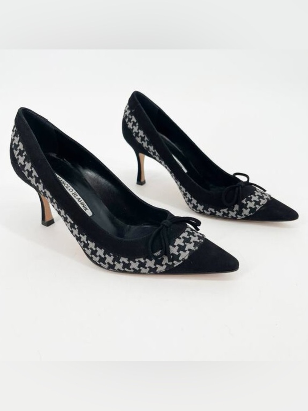 Manolo Blahnik Suede Houndstooth Bow Pointed Toe Pumps Heels 37